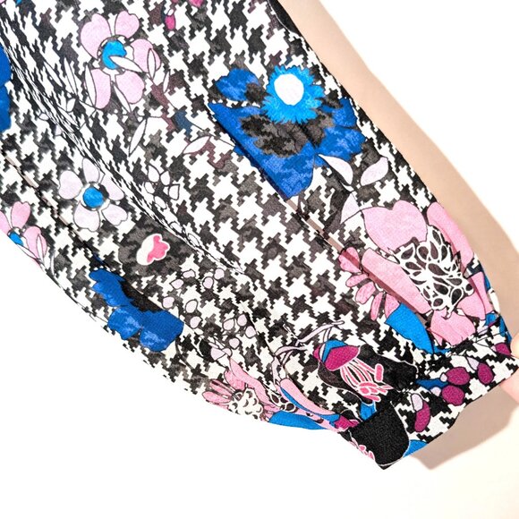 Guess | Floral Fantasy Houndstooth Print High Neck Blouse Pink Blue | Medium - Picture 7 of 12